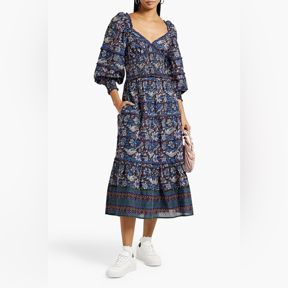 Sea New York Blue Paisley Smocked Midi‎ Dress Puff Sleeve Floral Tiered US 4 NEW